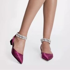 BEAUTIISOLES NWT Plum Satin Rhinestone Embellished Ankel Strap Pointy Toe Flat